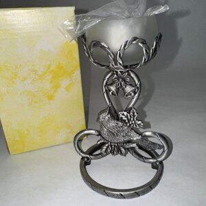 NEW Votive Candle Pewter Tea-Light Holder Cardinal Christmas Bells Frosted Glass